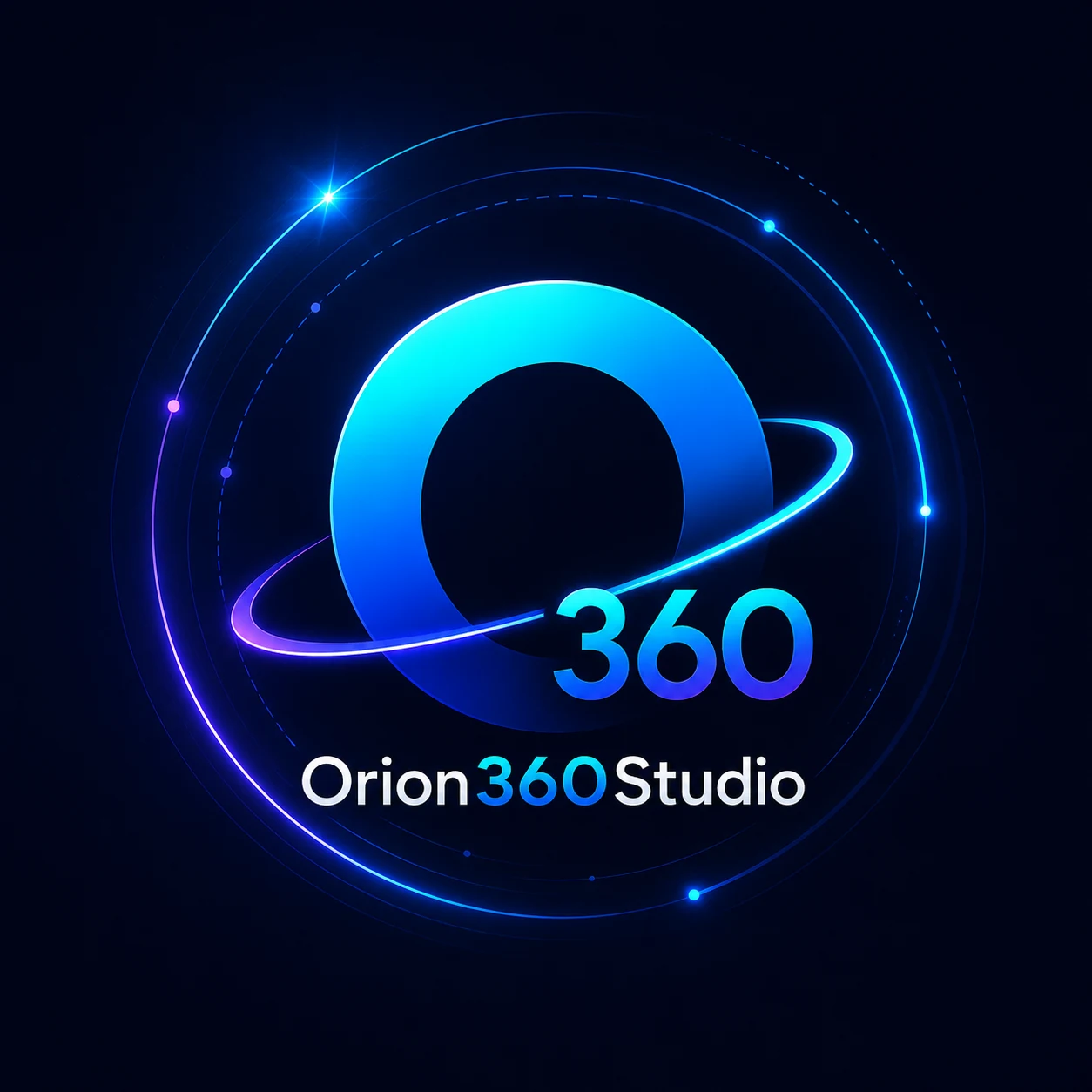 Orion360Studio визуална идентичност с неонова орбита